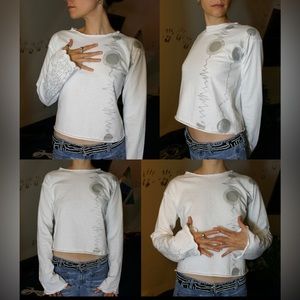 Unique shirt, small, see description. White cotton tee, silver metallic design.
